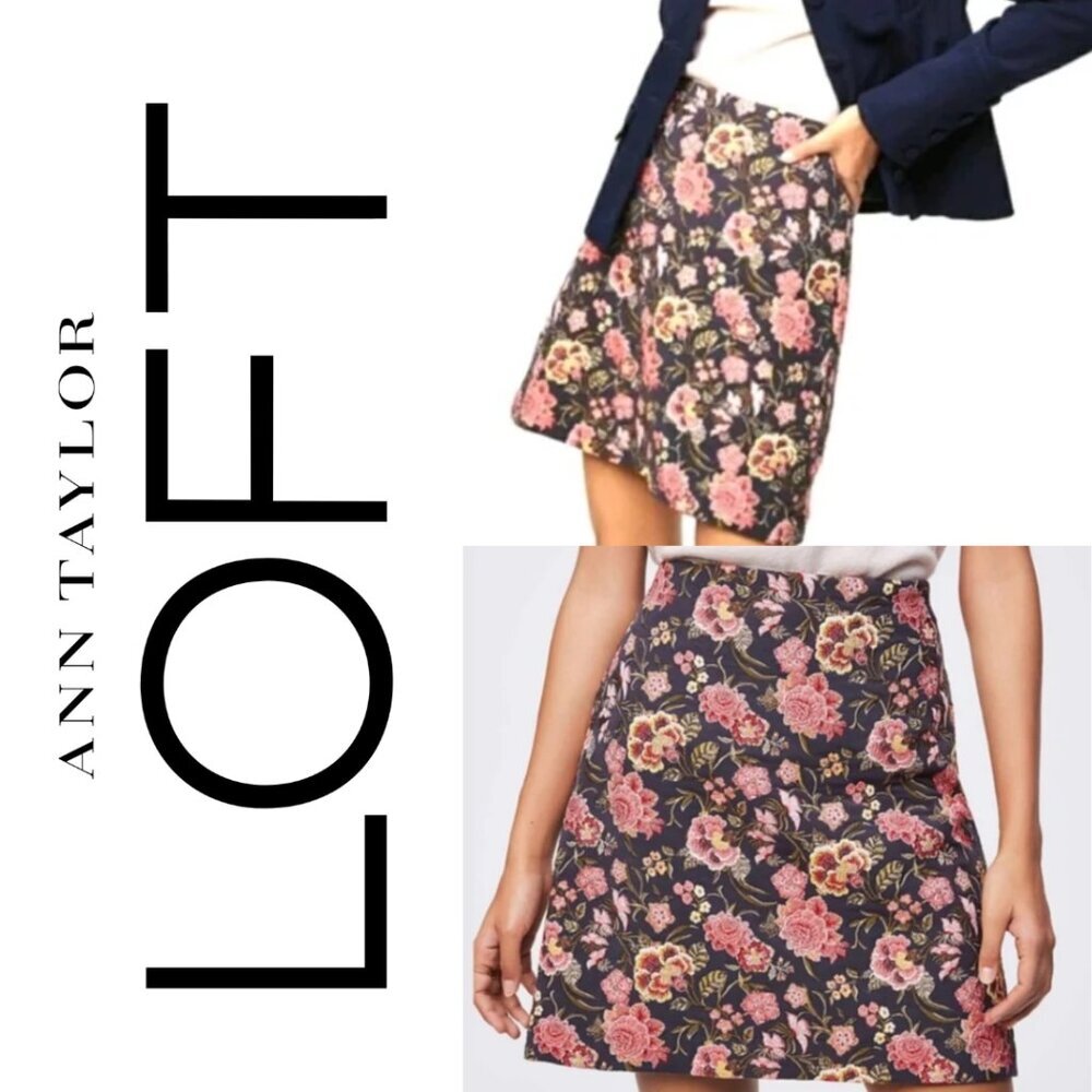 LOFT Women's Size 12 Poppy Bloom Mini Shift Skirt Pink Gray Floral Jacquard